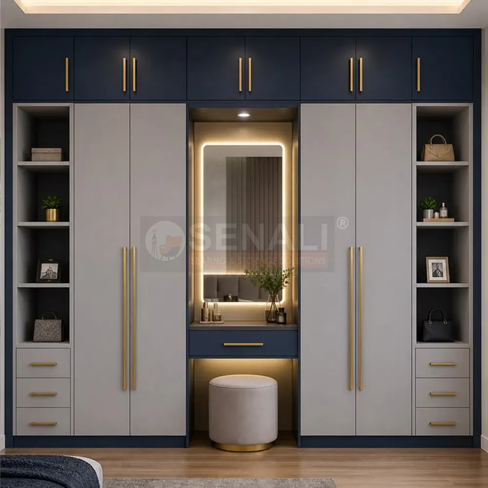 Modern corporate lounge and curved reception desk planned by expert interior designers in Chennai