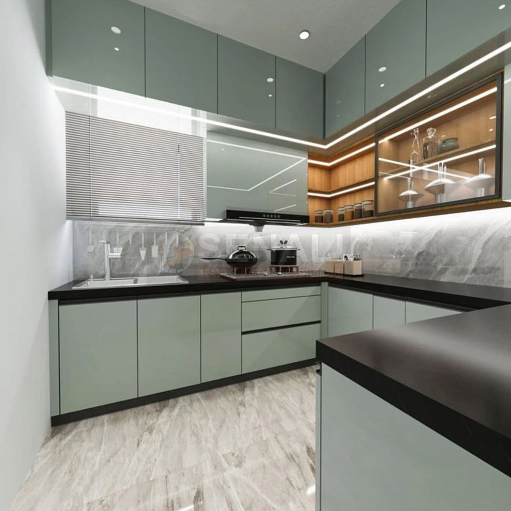 Luxury island modular kitchen in Chennai featuring premium quartz countertops and profile lighting