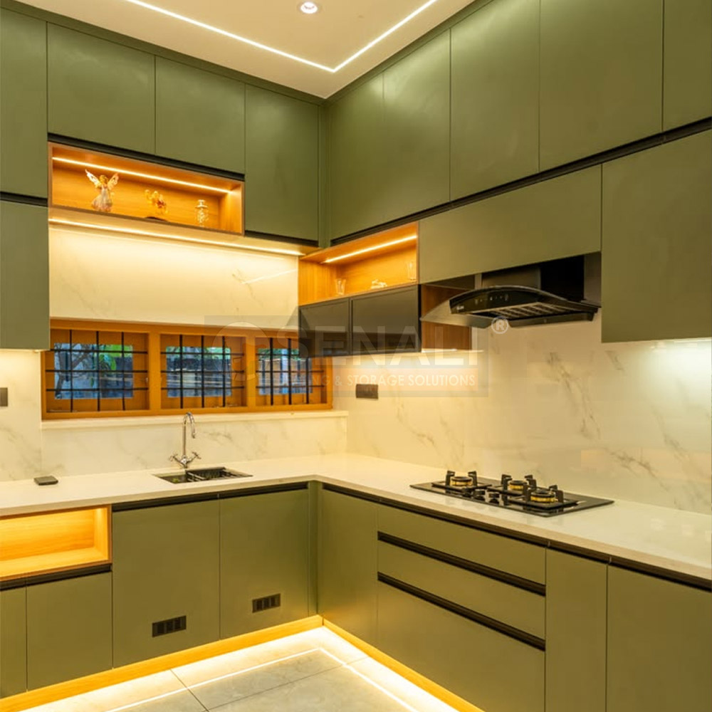 High-gloss factory-finished overhead hydraulic cabinets for a modular kitchen in Chennai