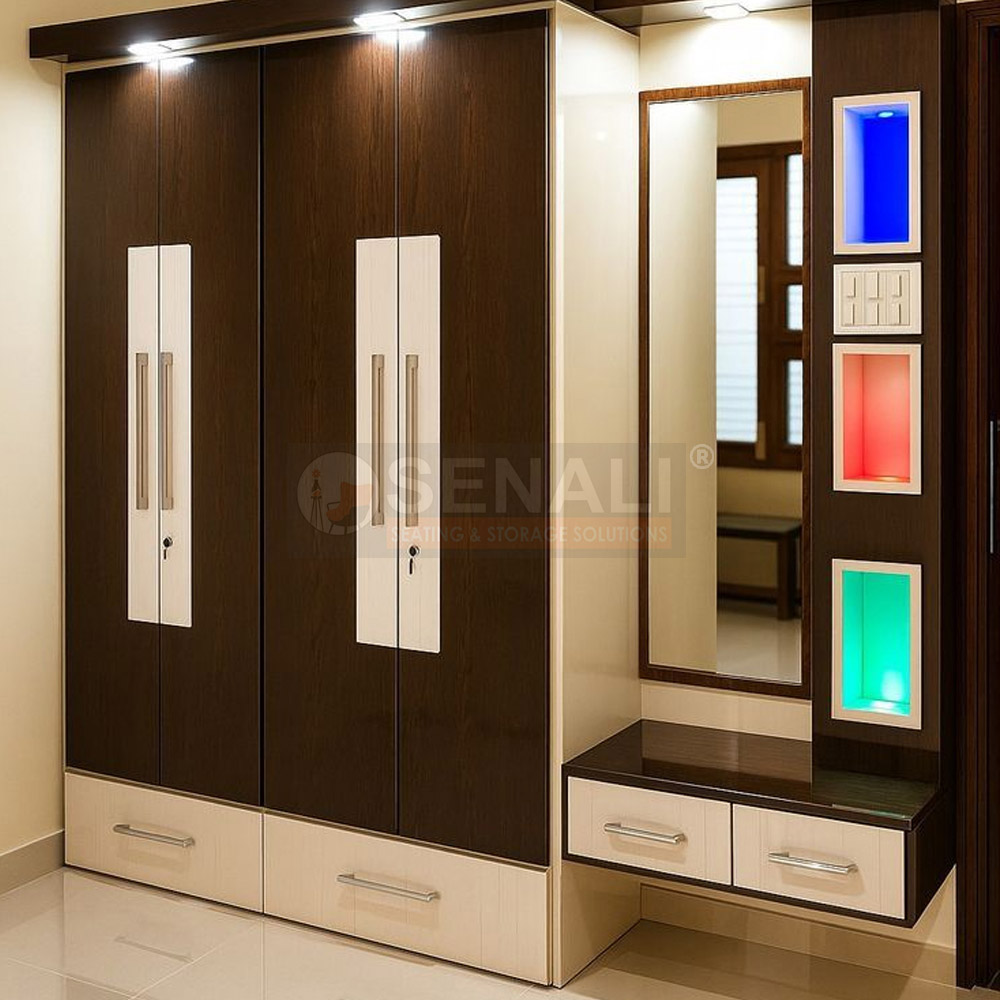 Elegant tinted glass profile sliding wardrobe design in Chennai with internal LED lighting