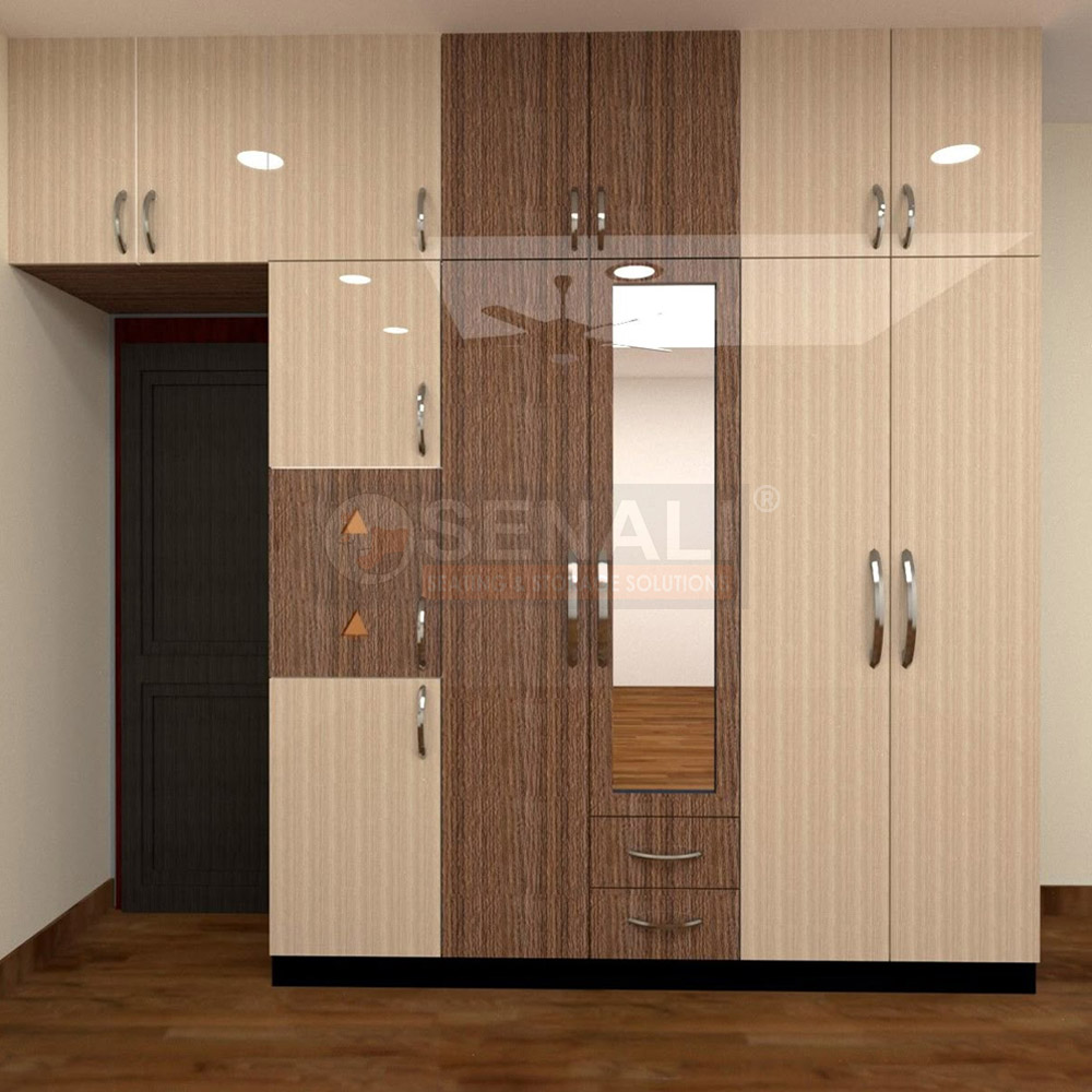Minimalist handle-less wardrobe design in Chennai utilizing high-gloss laminate finishes