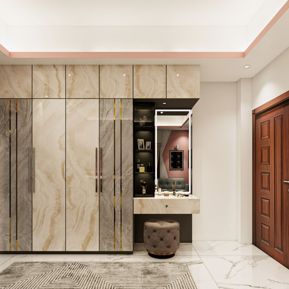 Custom modular wardrobe design in Chennai featuring high-gloss laminate doors and loft storage