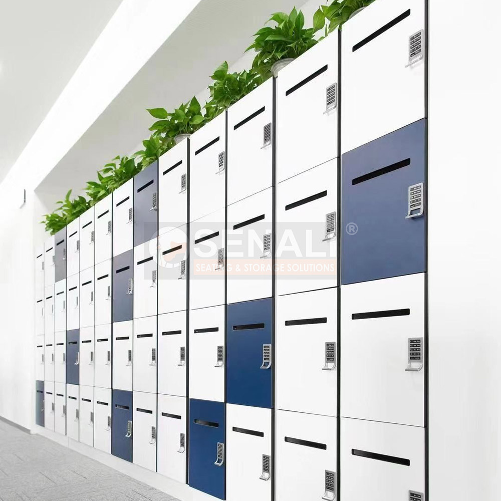 Biophilic metal office lockers with planter tops in Chennai
