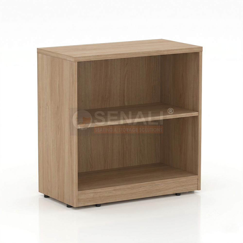 Low height workstation side storage unit in white and walnut