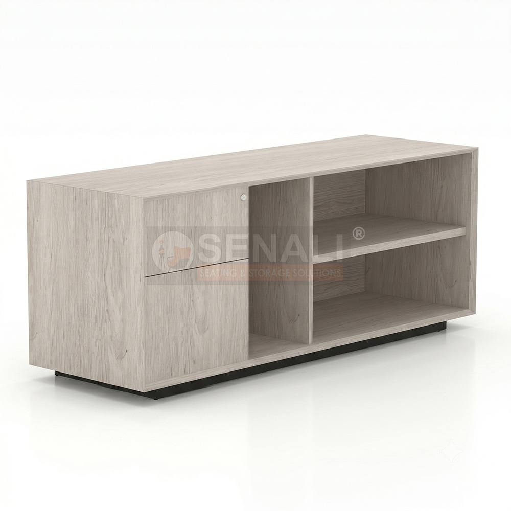 Custom laminate office side unit with open and closed shelves