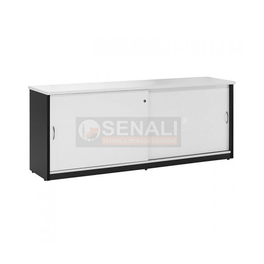 Dual tone metal and wooden sliding cabinet for open plan offices