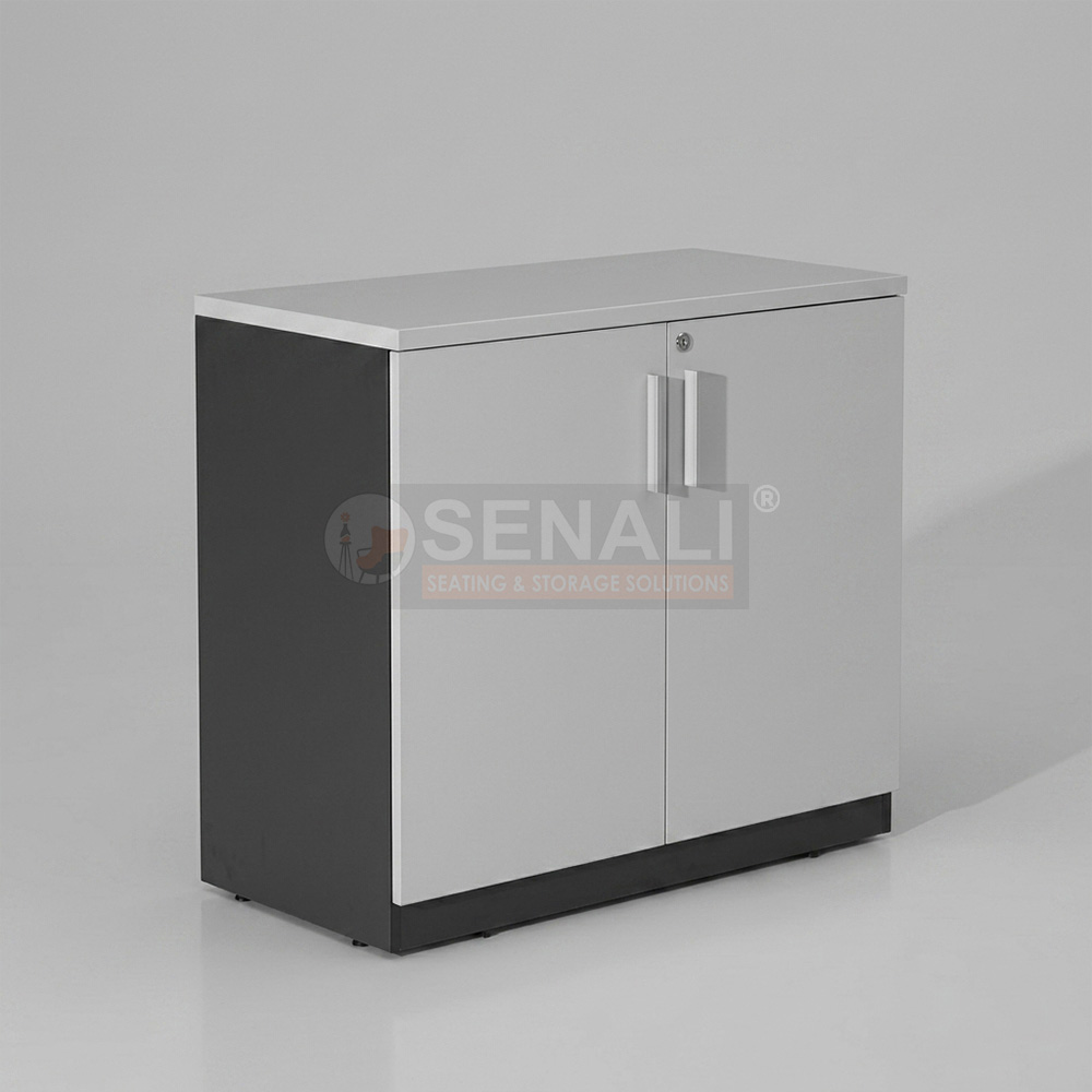Dual tone metal and wooden swing door storage cabinet