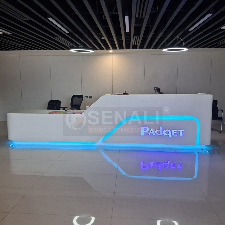 Fluted panel modern reception desk with warm LED lighting