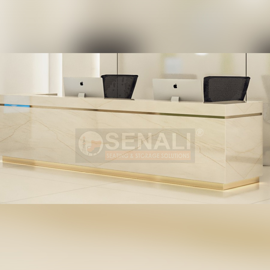 Minimalist white and wood office front desk with brand logo inlay